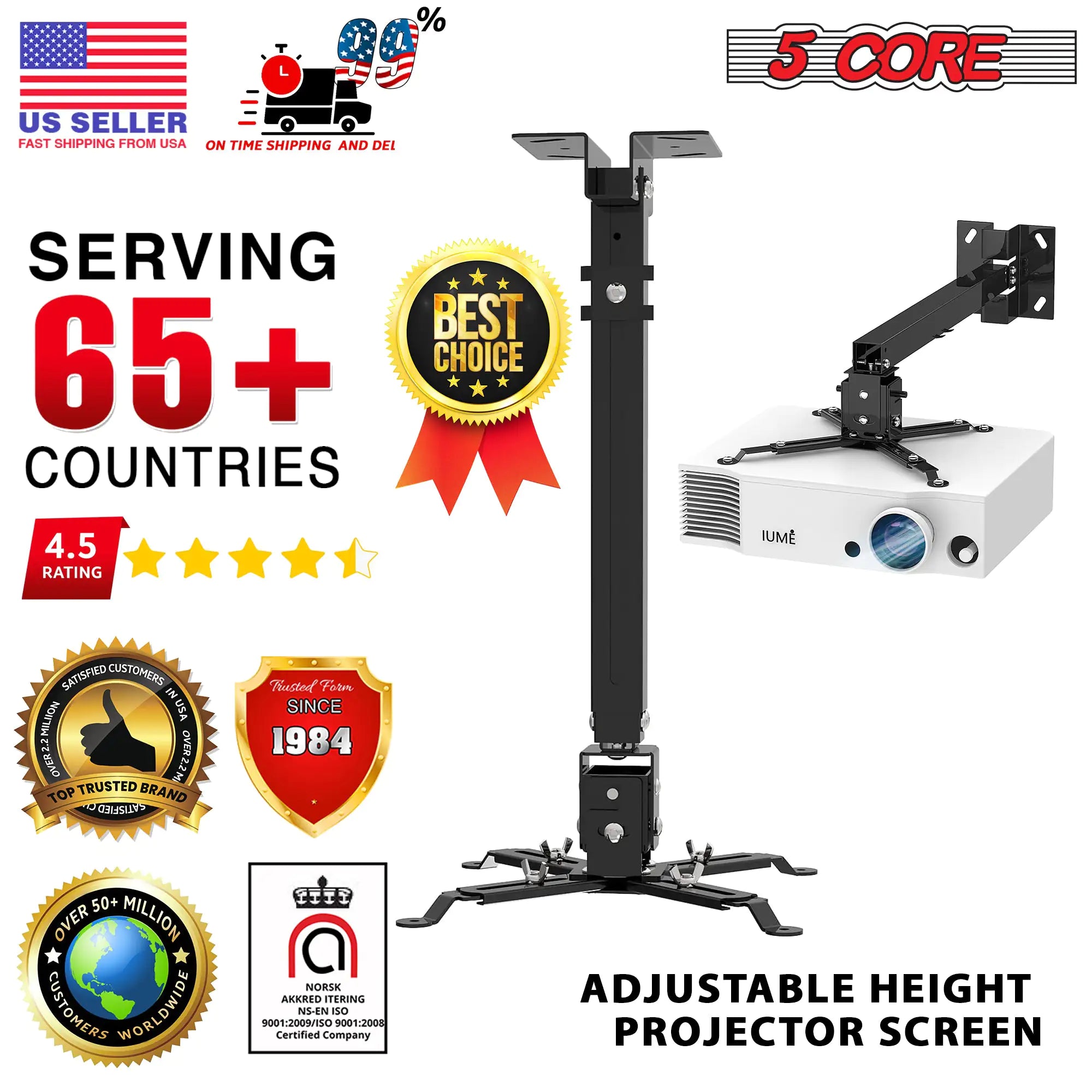 5Core Projector Mount Ceiling Wall Universal Holder Adjustable Low Profile Capacity 40lb